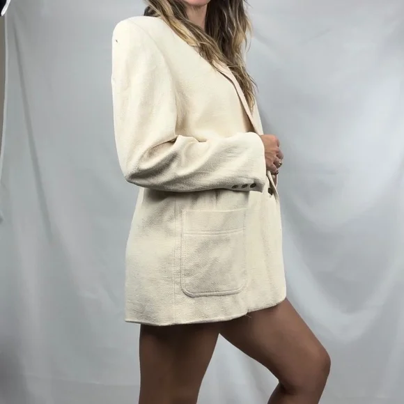 Vintage NY Studio 100% Raw Silk Blazer Cream Color with Shoulder Pads - Picture 5 of 16